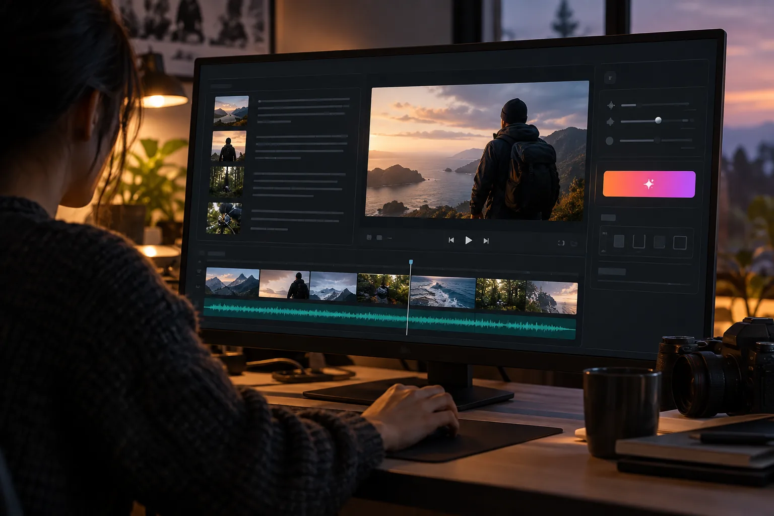 A dark video creation interface with a script panel, preview frame, and bright generation controls