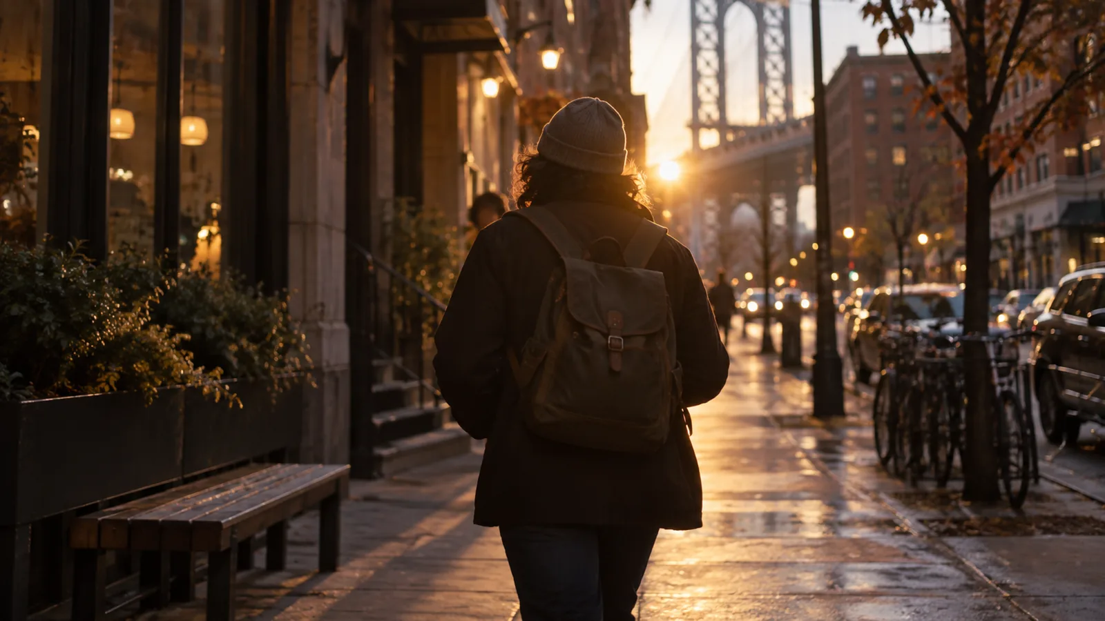 A person walking through a softly lit city street, framed like a cinematic video still