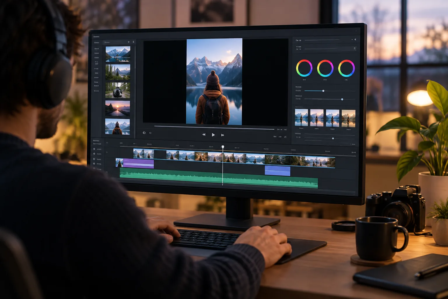 A polished video editor interface showing a portrait clip, timeline controls, and color effects