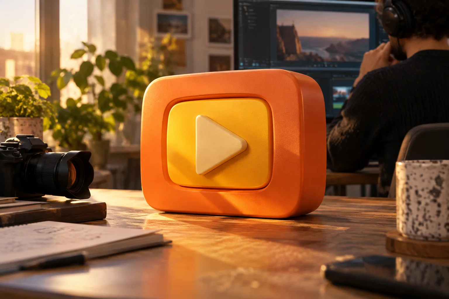 A sculptural orange and yellow video player block with a raised play button
