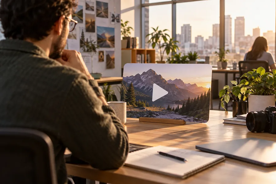 A clean office communication scene with a play button card and warm daylight