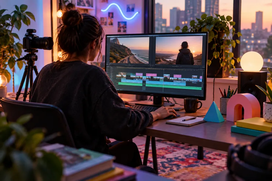 A colorful creator setup with a camera, editing timeline, and playful geometric objects