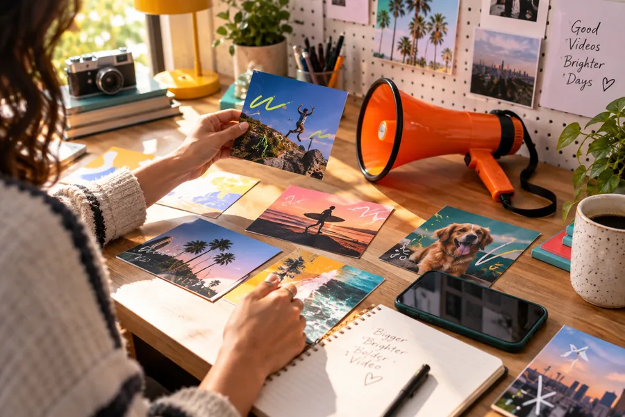 A bright creative desk with campaign cards, a phone, and a vivid orange megaphone