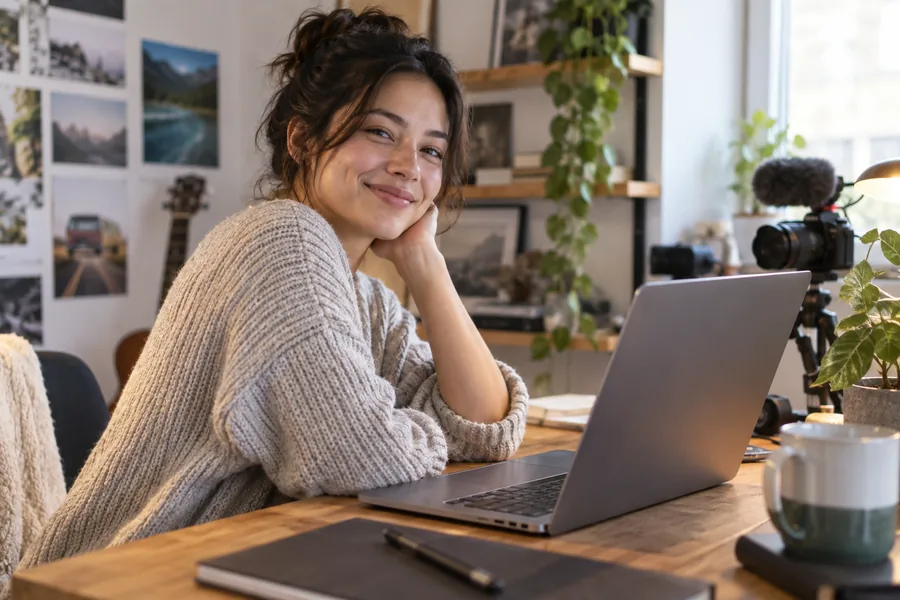 A team member smiling beside a laptop in a home studio