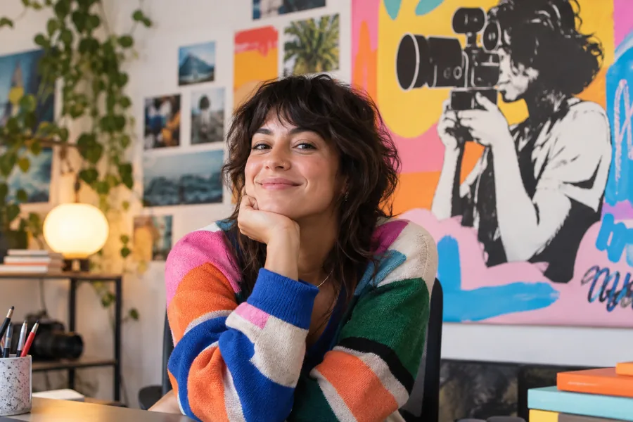 A creative team member posing in front of colorful artwork