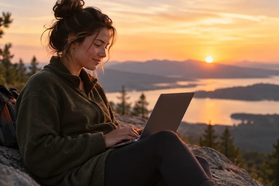 A team member outdoors in warm evening light