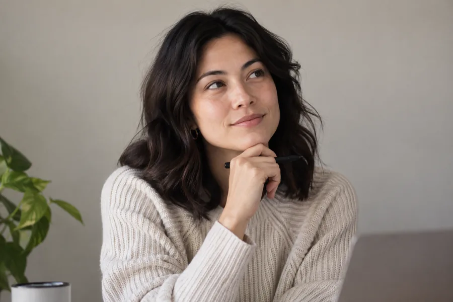 A thoughtful team member photographed against a neutral wall