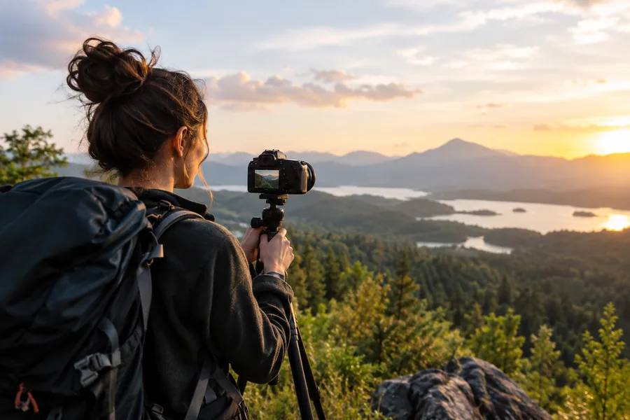 A team member standing outside with a camera and green landscape