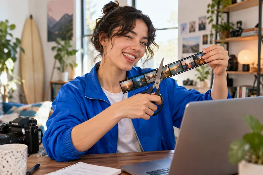 A playful creator wearing a blue jacket in a bright room