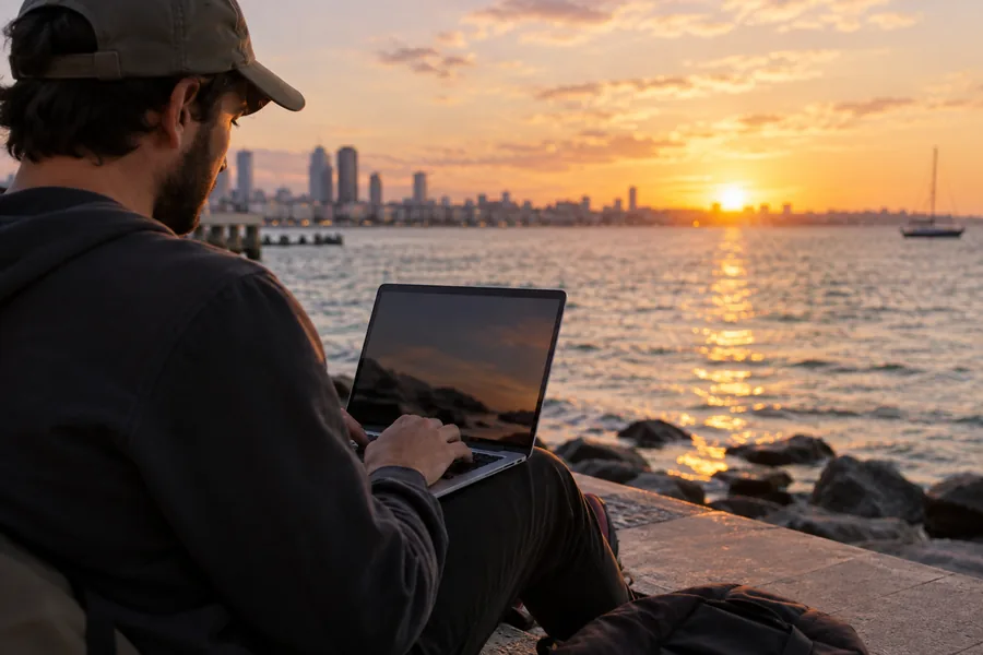 A team member wearing a cap near a waterfront