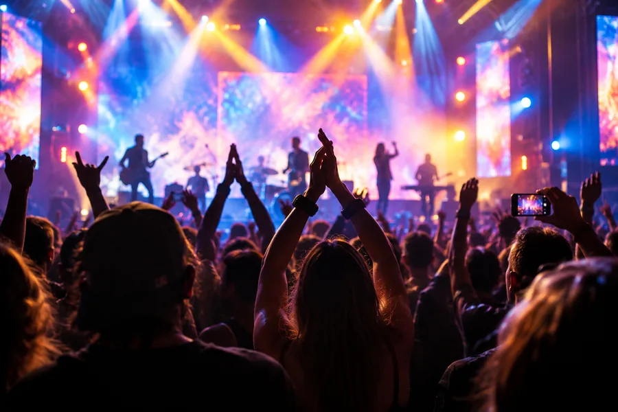 A colorful concert highlight with stage lights and a cheering crowd