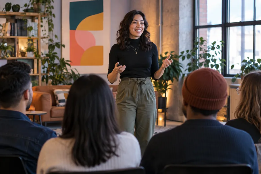 A lively speaker presenting to a small audience indoors